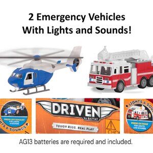 Driven Micro Rescue Fleet Kids Toy Fire Truck and Helicopter Set - Red and Blue